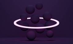 淡紫色的抽象背景，带着飞球和一个环形灯。3d渲染