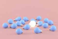 粉红背景蓝色灯泡中灯泡的最小概念概念。3D渲染.