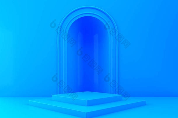具有蓝色讲台的弧形，最小的门户，3D渲染，几何形状的场景，最小的抽象背景