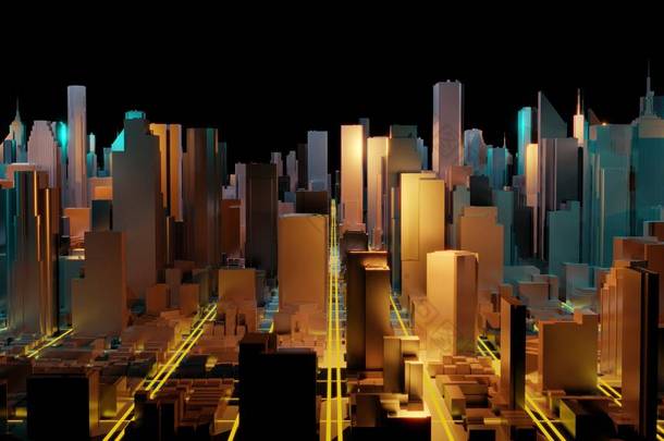 带有线条和数字元素的三维城市渲染。数字摩天大楼。技术概念。透视建筑。3d渲染
