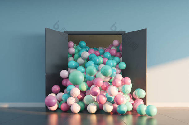 Colored balls pour out of the <strong>open</strong> doors into a large interior space