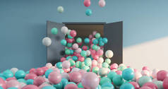 Colored balls pour out of the open doors into a large interior space