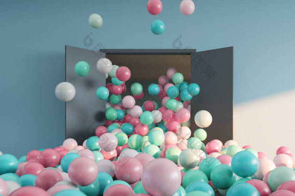 Colored balls pour out of the <strong>open</strong> doors into a large interior space