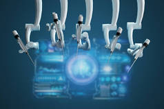 机器人外科医生，机器人设备，机械手。微创外科创新与三维概览。技术，医学的未来，外科医生。3D渲染，3D插图
