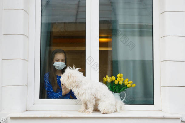 小女孩从窗户往外看她的宠物狗