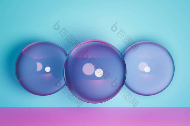 3D渲染。紫色充气球。排成一排的几何图形球的特写，粉色地板上有弹跳，蓝色背景