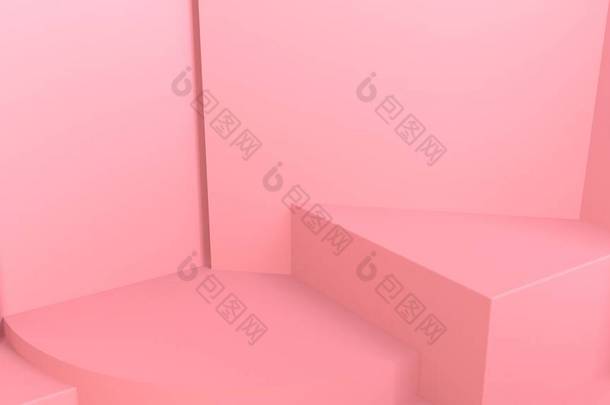 3D渲染粉红色抽象几何<strong>背景</strong>或纹理的内部。<strong>明快</strong>的摊位或楼梯，供产品展示.
