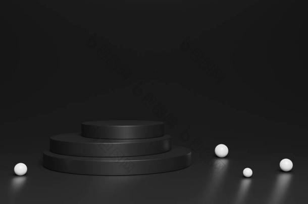 现代黑色平台的产品展示。有白色球体的圆柱体。黑色背景。空的舞台。3D渲染说明.