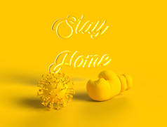 3D黄色抽象场景- -拳击手套和考拉维耶斯眼镜，带有3D待在家里的文字