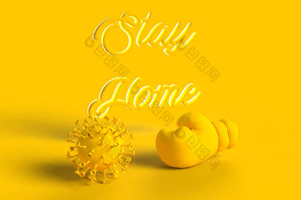 3D黄色抽象场景- -拳击手套和考拉维耶斯眼镜，带有3D待在家里的文字