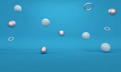 蓝色的抽象背景，带着飞扬的塑料球和银环。3d渲染