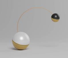 3D抽象的简单几何形式，显示两个球通过半圆形的平衡保持着。装饰艺术元素。成熟和最低限度的观念概念.