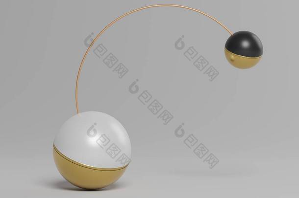 3D抽象的简单<strong>几何</strong>形式，显示两个球通过半圆形的平衡保持着。装饰<strong>艺术</strong>元素。成熟和最低限度的观念概念.