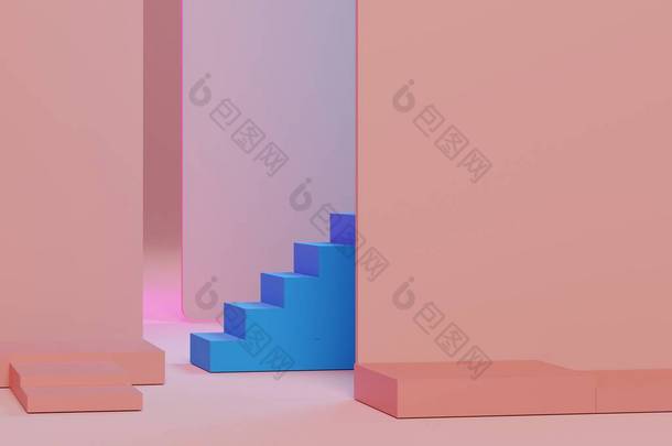 3D抽象简约几何形式。粉红<strong>渐变</strong>豪华的讲台和蓝色的楼梯为您的设计在流行.真空如也.