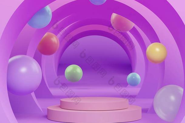 3D抽象简约几何形式。以各种颜色的球，为您的设计增加了豪华的平台。时装秀舞台、基座、店面,主题五彩缤纷.真空如也.