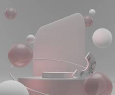 3D抽象最小几何形式。白色大理石豪华平台与球漂浮在空气和粉色灯为您的设计。装饰艺术元素。成熟和最低限度的观念概念.