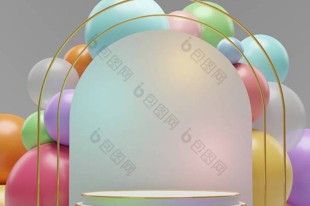 3D抽象简约几何形式。以各种颜色的球，为您的<strong>设计</strong>增加了豪华的平台。时装秀舞台、基座、<strong>店面</strong>,主题五彩缤纷.真空如也.