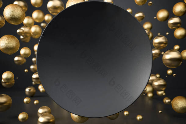 3D渲染黑色圆盘在飞行的金球和球体之<strong>上</strong>。放置文本或对象的完美示例。带有<strong>简约风</strong>格的复制空间的横幅