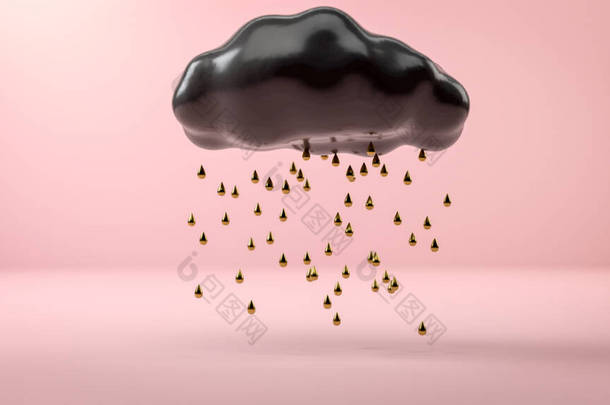 从乌云飘过<strong>粉色</strong>背景的金色雨的抽象图像。3D例证。<strong>化妆品</strong>或时尚的背景或造型.