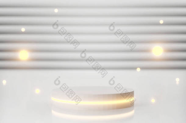 3D白色讲台抽象背景，霓虹灯为横幅，在网站上展示。圆形基座与白光隔离在白色背景上。豪华的最低内部。白色圆筒.