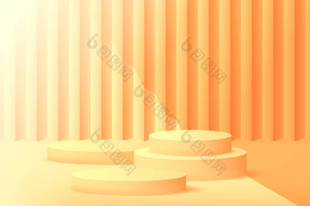 空讲台工作室橙色背景的产品展示与复制空间.展示室拍摄渲染。产品广告的横幅背景