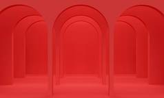红色的抽象背景，有一排拱门和上光。3d渲染
