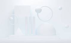 白色的抽象背景与飞行球和戒指。产品促销的备份设计.3d渲染
