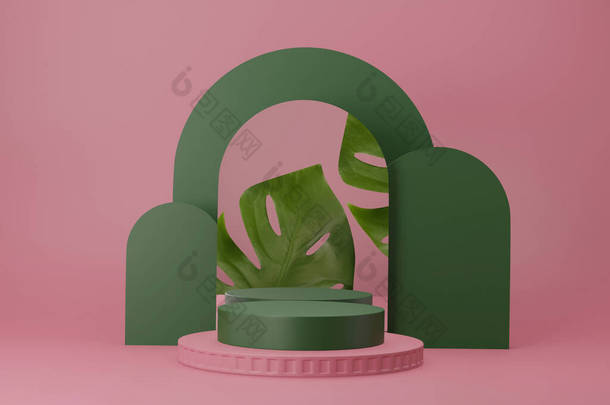 3D展示平台与怪兽棕榈叶。绿色的基座和粉色的时髦背景。镜像反射热带艺术装饰抽象.为品牌横幅及产品推广提供3D图解. 
