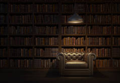 旧图书馆或老屋的阅览室。有天花板灯的老式皮革扶手椅。夜景室。 3D渲染