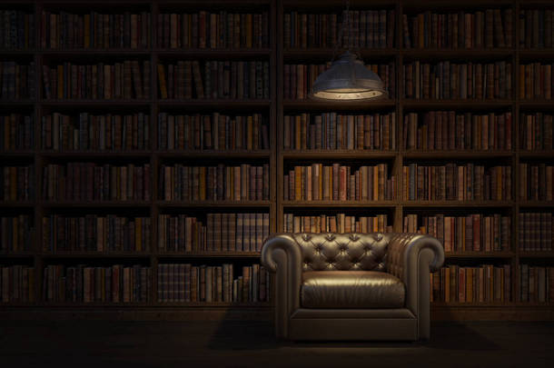 旧图书馆或老屋的阅览室。有天花板灯的老式皮革扶手椅。夜景室。 3D渲染
