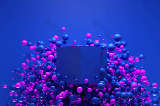 带有立方体的蓝球和粉色球的抽象背景。3D渲染说明。产品介绍