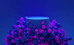 带有圆筒的蓝球和粉色球的抽象背景。3D渲染说明。产品介绍
