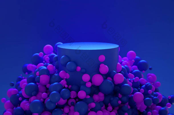 带有圆筒的<strong>蓝球</strong>和粉色球的抽象背景。3D渲染说明。产品介绍