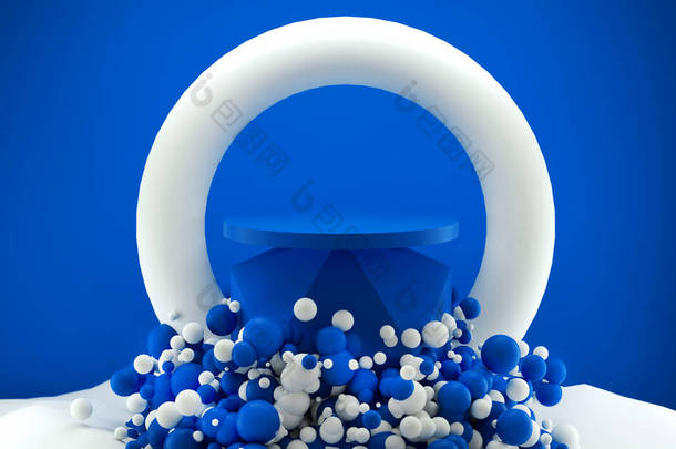 带演示台的蓝白球的抽象背景。3D渲染说明