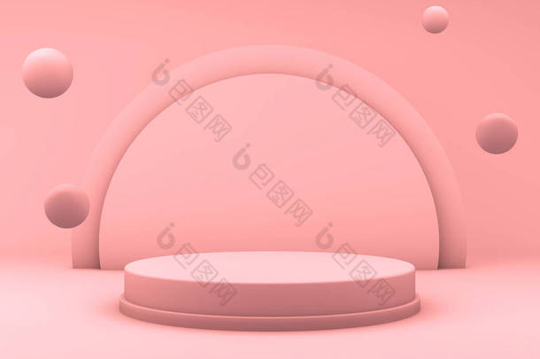 三维渲染一个最小的粉色讲台背景，球漂浮在产品展示现场