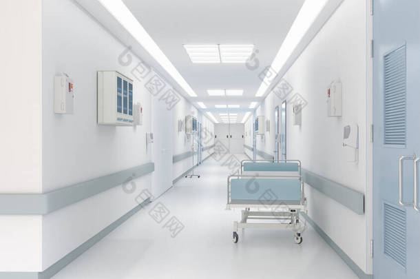 现代医院有长廊，有病床。3D插图