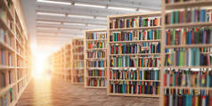 图书馆。 有书籍和教科书的书架。 学习和教育概念。 3d说明