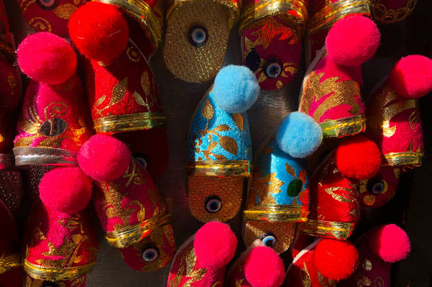 Colorful Turkish Slippers. Traditional Turkish Babouche Slippers for sale at Grand Bazaar in Istanbu