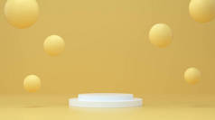 圆形讲台，气泡漂浮在背景黄色。最小几何工作室形状抽象。彩色粉刷工作室。化妆品和产品的概念。3d渲染.