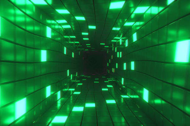 摘要在未来派的走廊背景下飞行，荧光<strong>紫外光</strong>，发光的彩色霓虹灯立方体，几何无尽的隧道，3D插图