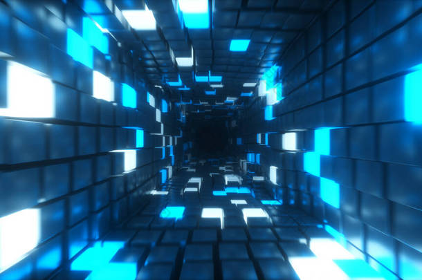 摘要在未来主义走廊中飞行，3D图解背景，荧光紫外光，发光色彩艳丽的霓虹灯立方体，几何无穷无尽的隧道，蓝色光谱