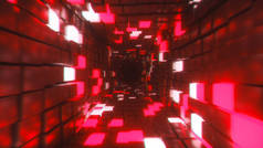 摘要在未来派的走廊背景下飞行，荧光紫外光，发光的彩色霓虹灯立方体，几何无穷无尽的隧道，红色光谱，3D插图