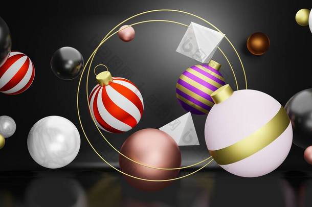 圣诞装饰品飘浮在空间的圣诞节/圣诞节假期时间。在3D插图或3D渲染中，用金丝带装饰浮雕x-mas浮雕