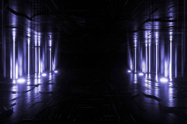 霓虹灯发光线束激光灯罩蓝色紫罗兰金属混凝土地下科幻未来网络合成舞蹈团黑暗夜背景3D渲染图解
