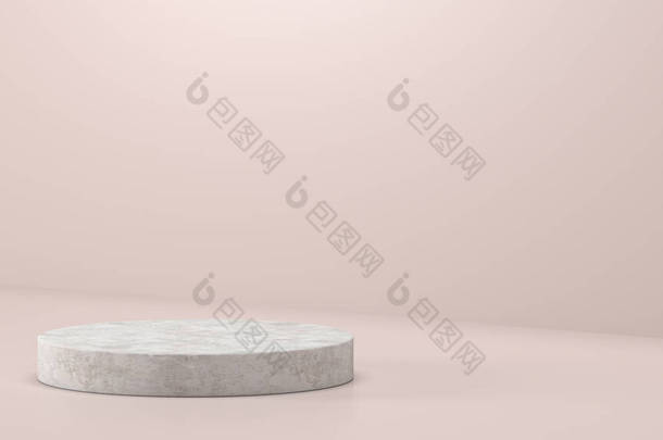 白色大理石基座台阶隔离在粉刷粉底上，圆柱3D渲染，抽象的最小概念，空白空间，简单的清洁设计，奢华的产品展示简约模版