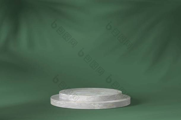 豪华白色大理石块，圆形，圆柱形讲台阴影叶在绿色自然背景。概念舞台展示，产品，香水，促销，横幅，展示，化妆品。3D渲染