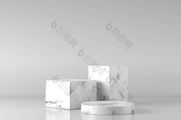 小巧豪华的白色，<strong>金色</strong>的大理石圆筒圆盒讲台和白色背景的叶子。概念展示场景舞台平台展示，产品，销售，横幅，展示，<strong>化妆品</strong>。3D渲染
