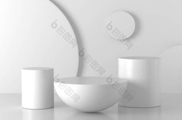 白色圆筒，半圆形平台，白色背景。概念舞台展示为新产品，促销，横幅，折扣，展示，化妆品，排名，提供。复制空间。3D渲染