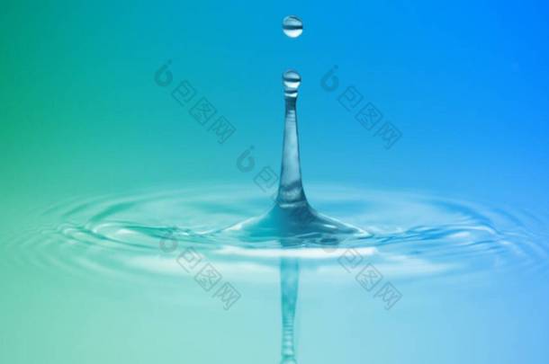 蓝色和绿色环境光下水滴表面碰撞与圆形水坑效应的关系