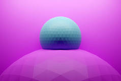 特写3D单色插图：一个有大量脸孔的蓝色球落在粉色孔中。单列几何图形.